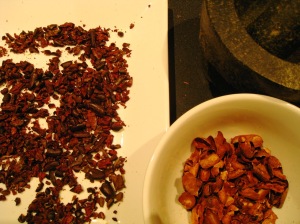 bits of roasted cacao nibs separated from their husks